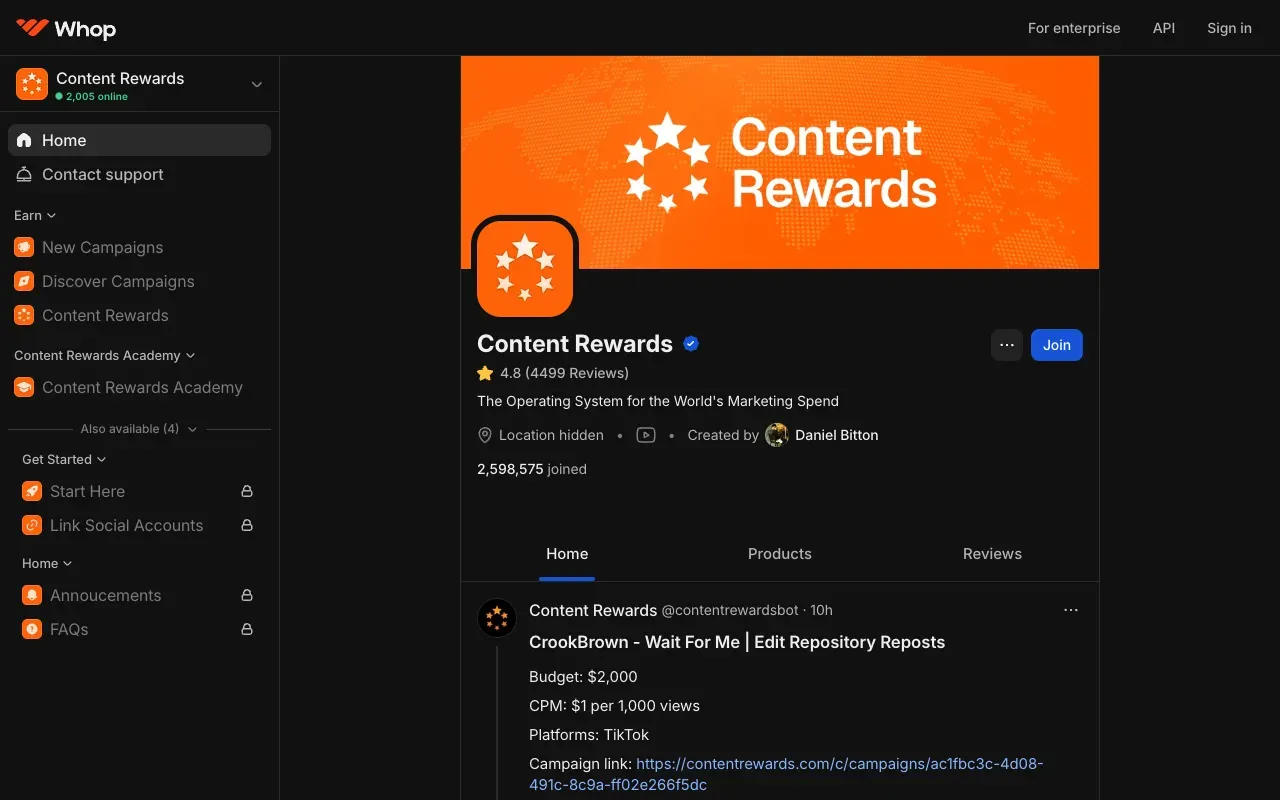 Content Rewards website, whop.com/contentrewards